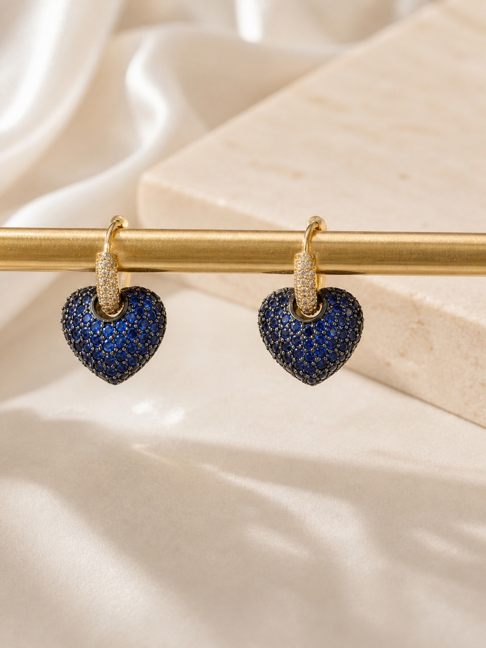 18K Gold Plated Blue Heart Hoop Earrings | Crystal Dangle